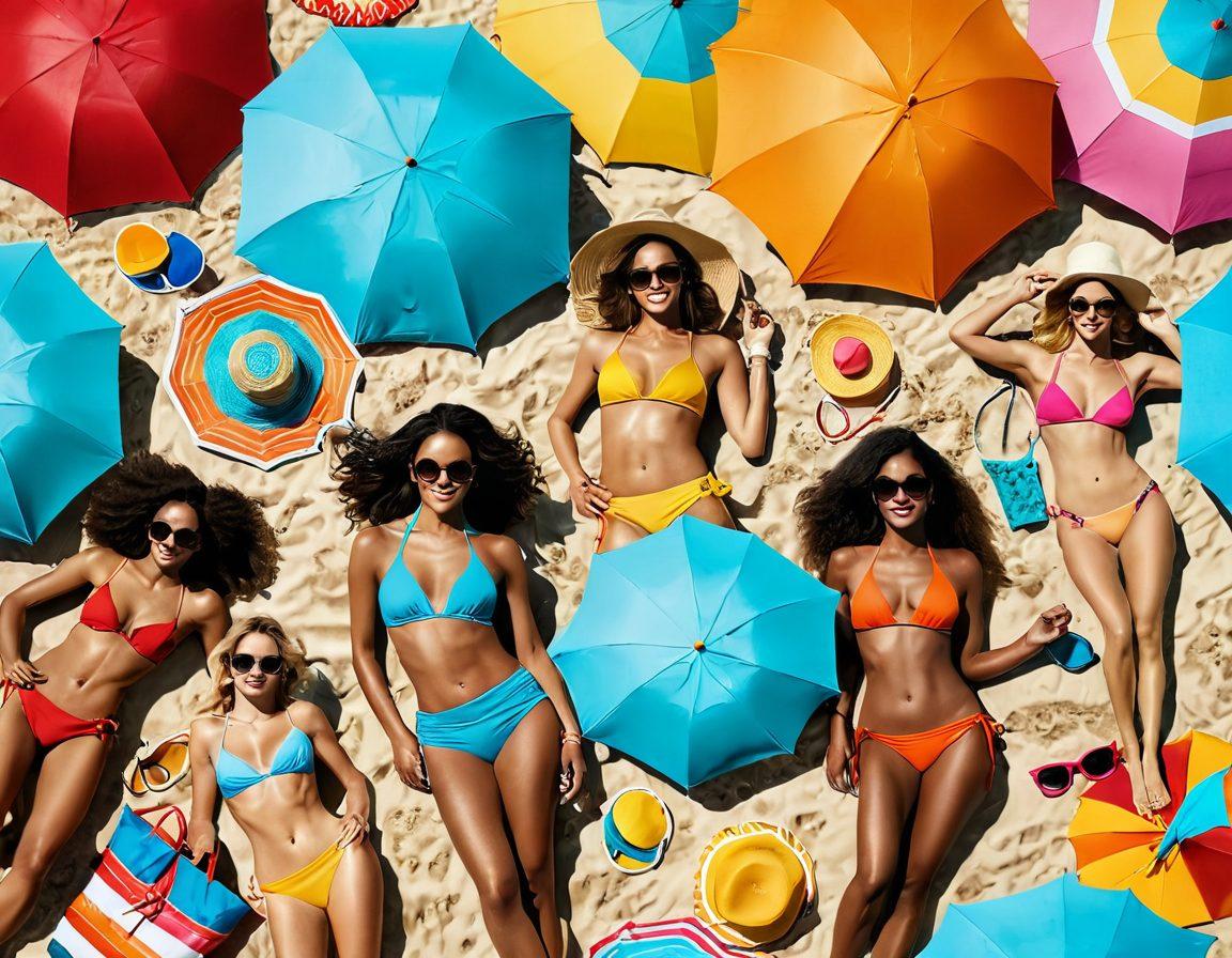 A lively beach scene showcasing various bikini styles and vibrant beach fashion, with models of diverse ethnicities lounging and enjoying the sun. Incorporate colorful beach umbrellas, soft sand, and turquoise waves in the background. Emphasize summer accessories like sunglasses, hats, and beach bags to enhance the trendy atmosphere. The image should evoke a sense of fun and relaxation, capturing the essence of summer style. vibrant colors. super-realistic. sunny atmosphere.