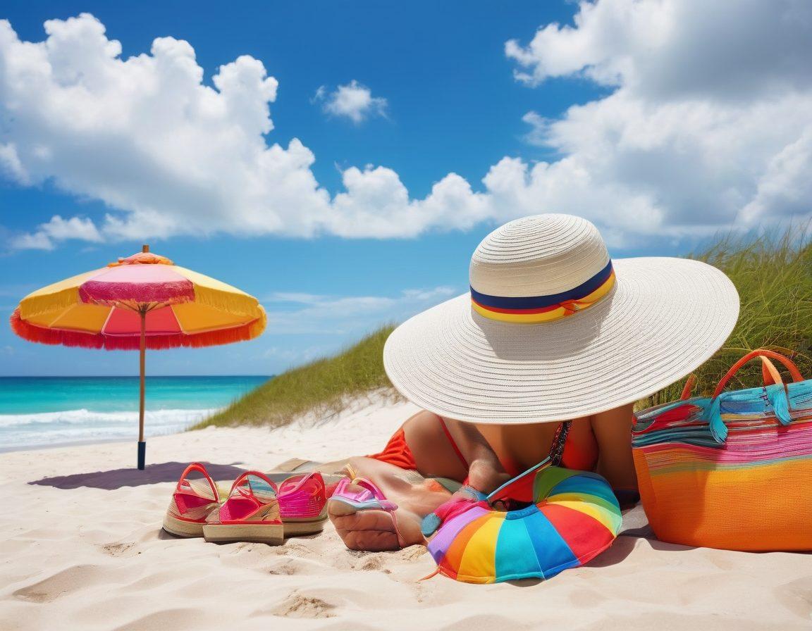 A vibrant beach scene featuring stylish accessories like oversized sun hats, colorful beach bags, and chic sunglasses scattered on a sandy shore. The background showcases a crystal-clear ocean and a bright blue sky with fluffy clouds. Sunbathers with trendy swimsuits are relaxing under colorful umbrellas, highlighting the ultimate seaside fashion. The composition should evoke a fun and luxurious beach vibe. super-realistic. vibrant colors. white background.